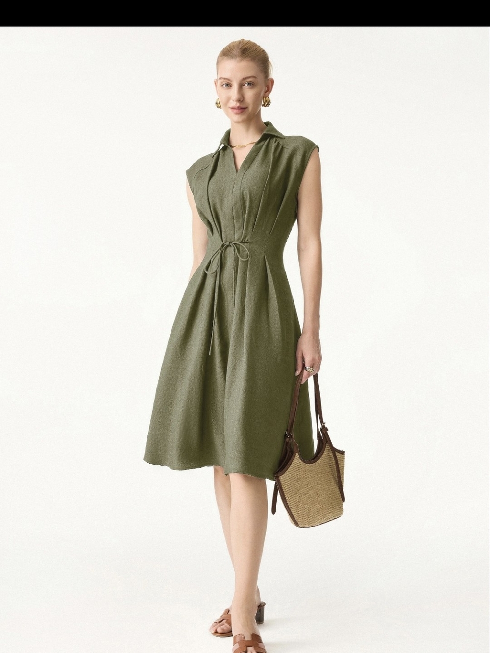 OGL- Sleeveless Olive Green Tie-Waist Midi Dress
